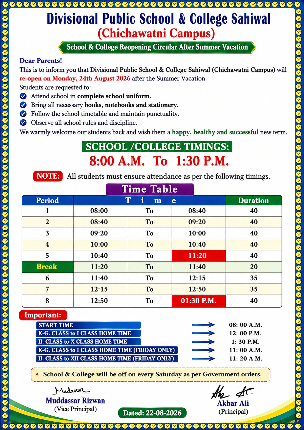 School & College Reopening Circular – Chichawatni Campus time 1 (3)